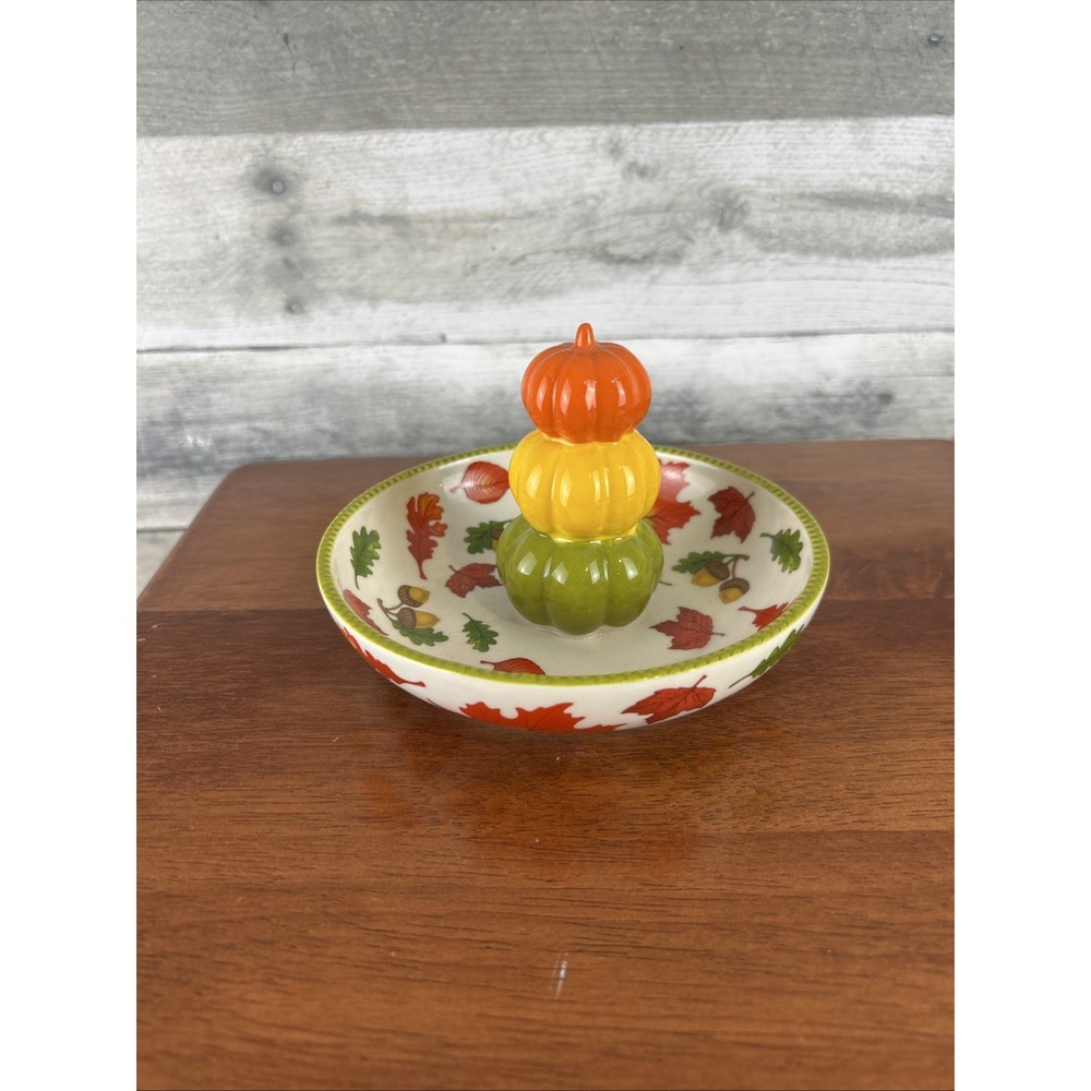 Temptations Fall Leaves & 3D Pumpkins Candy Nut Serving/Trinket Dish 6" x 3.5"